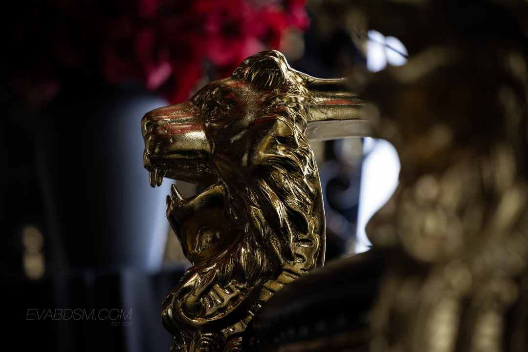 金色狮首雕饰的近景，背后是红色花朵